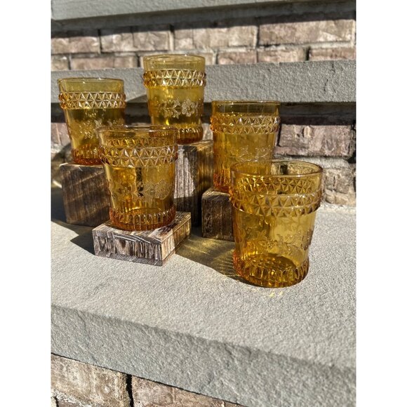Vintage Early American Brown Wildflower Lowball Scotch Glasses. - Picture 11 of 11